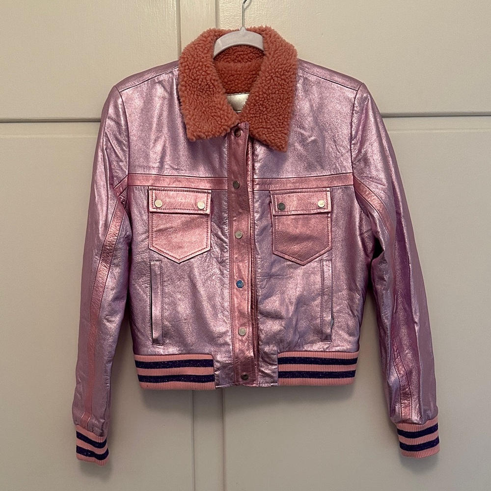 NWT The Mighty Company Earley Leather Pink & Lilac Varsity Jacket